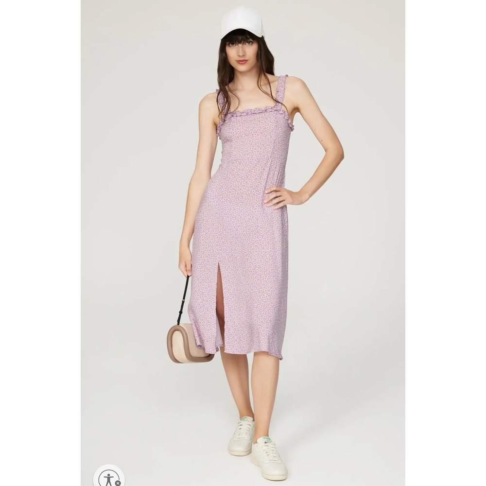 Louna Purple Daisy Midi Dress Floral Ruffle Sleeveless Sundress Side‎ SlitSz M